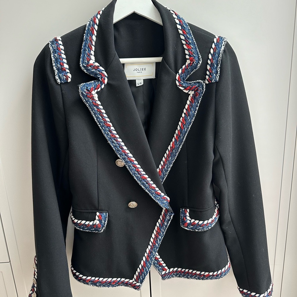 Joliee Paris black blazer with navy, red and white tweed trimming